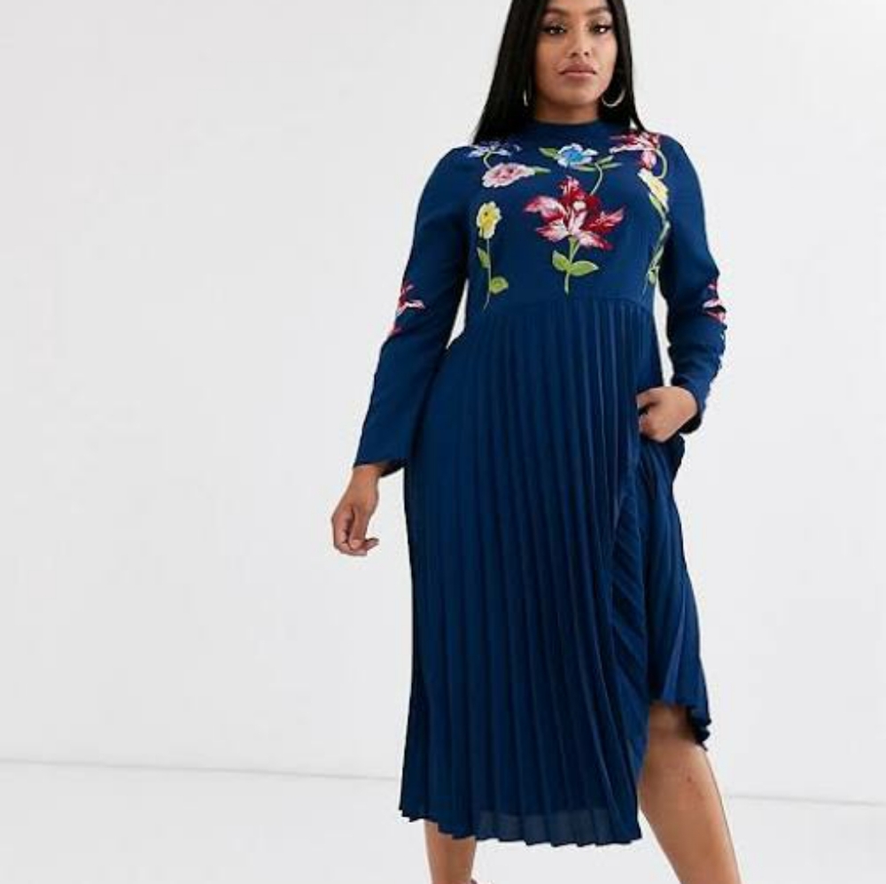 Asos Design Curve Pleated embroidered midi…